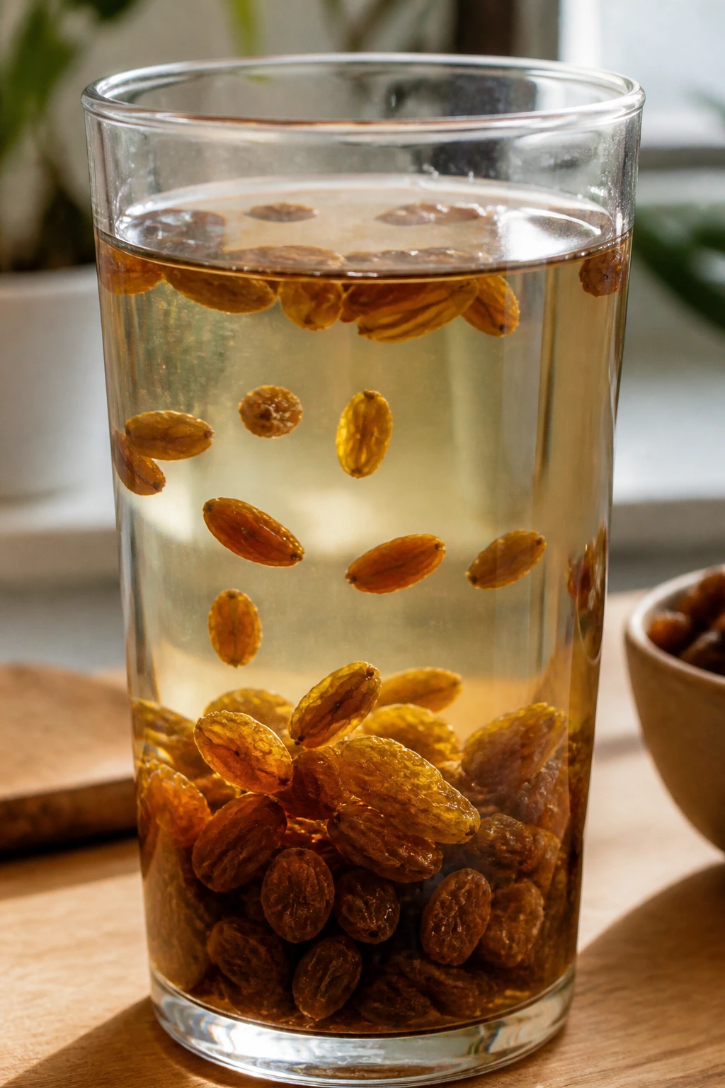 How To Eat Raisins For Glowing Skin 5 Glass of raisin water with raisins inside on a bright kitchen counter