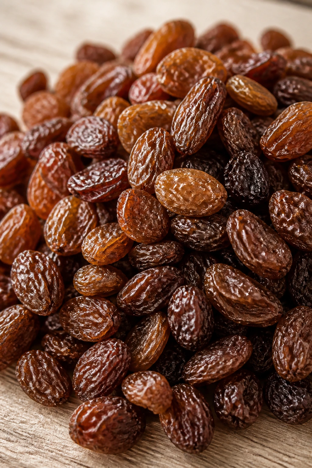 Close-up of raisins filling frame on wooden surface
