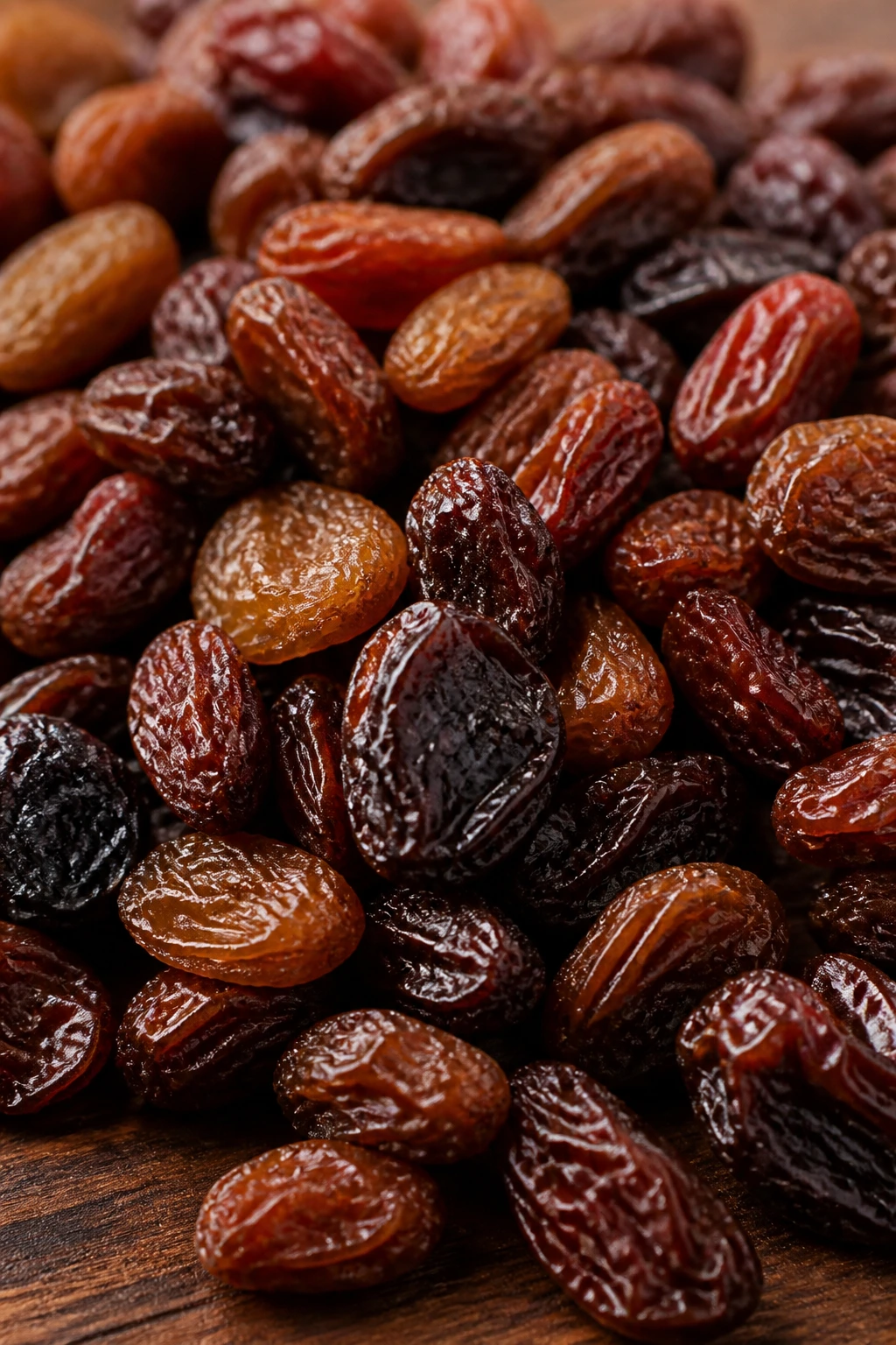 Close-up of raisins filling the frame on a dark wooden counter