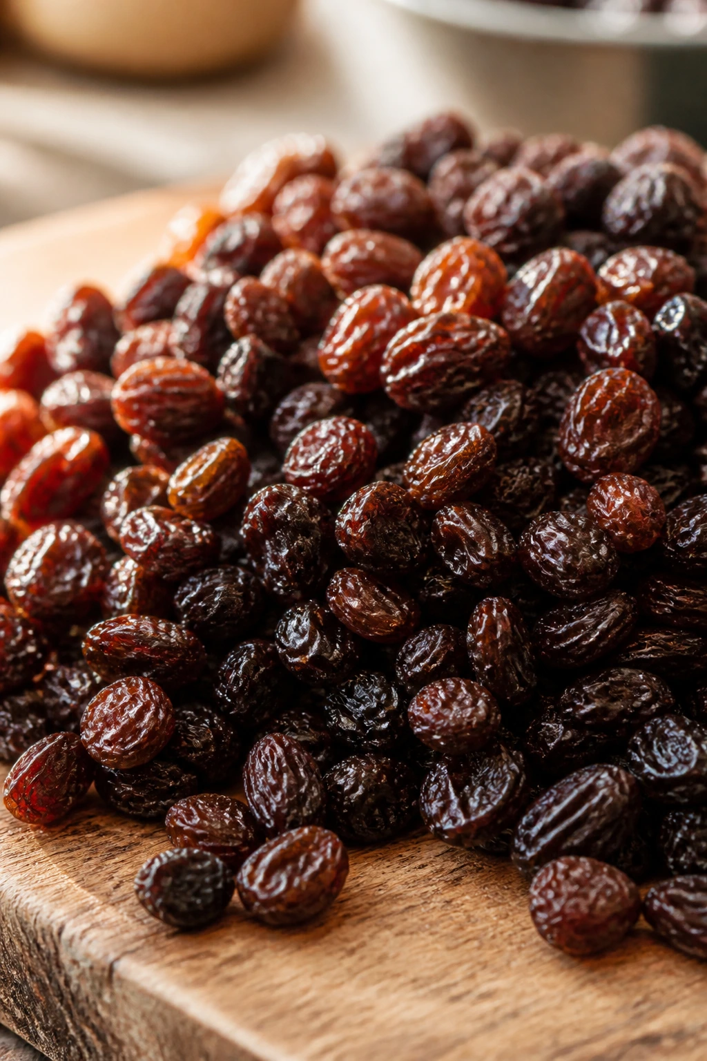 What Is The pH Of Raisins? Are They Acidic Or Alkaline? 1 Close-up of glossy raisins on a wooden surface in warm sunlight