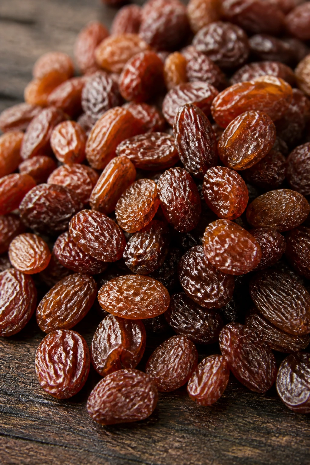 Close-up of glossy raisins filling a rustic wooden surface