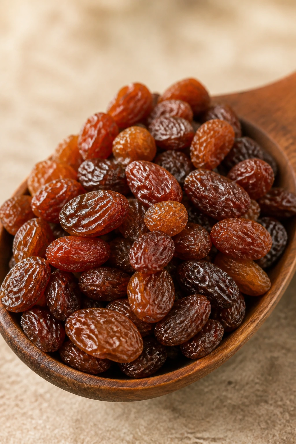 How To Eat Raisins For Glowing Skin 2 Close-up of a wooden spoon piled with plump raisins