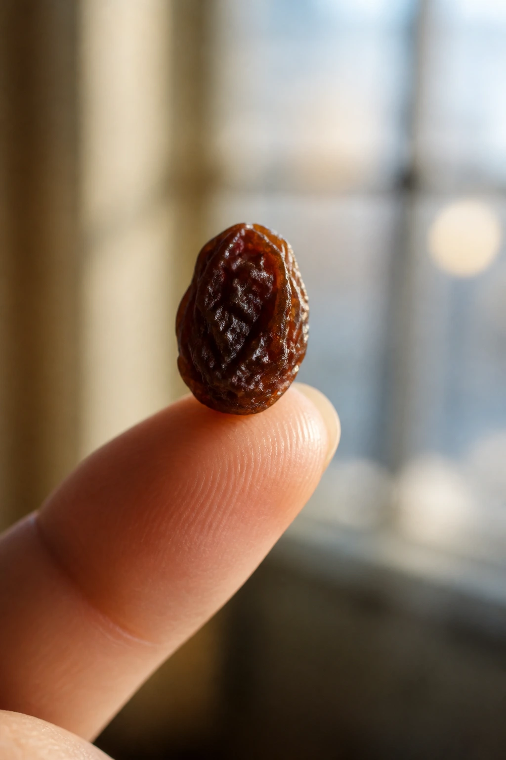 How To Eat Raisins For Glowing Skin 4 Raisin on fingertip with warm light suggesting skin glow from intake