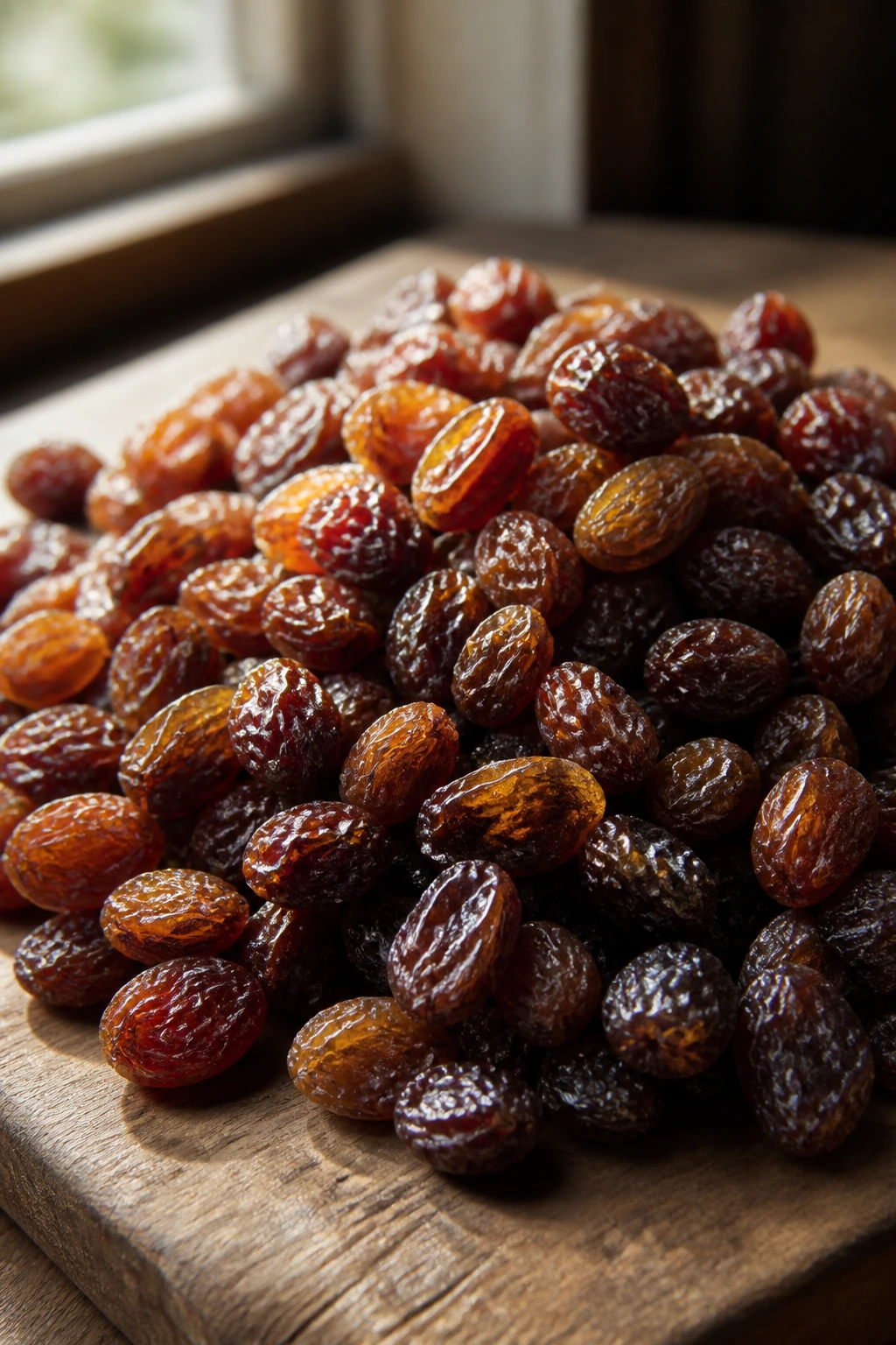 10 Surprising Health Benefits of Raisins for Men 1 Close-up of glossy raisins filling a wooden cutting board in a warm kitchen