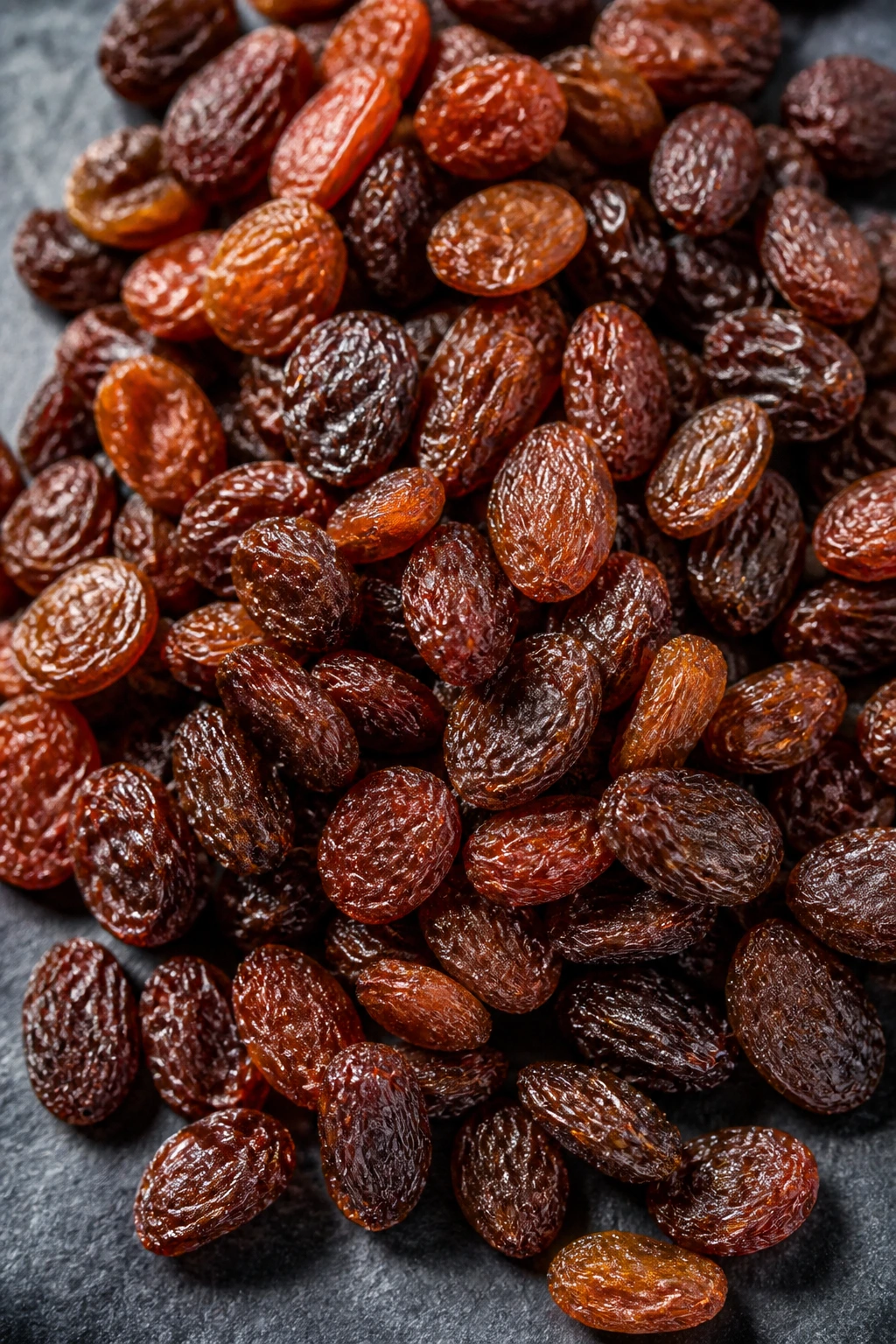What Is The pH Of Raisins? Are They Acidic Or Alkaline? 2 Dense pile of raisins on slate with bright light