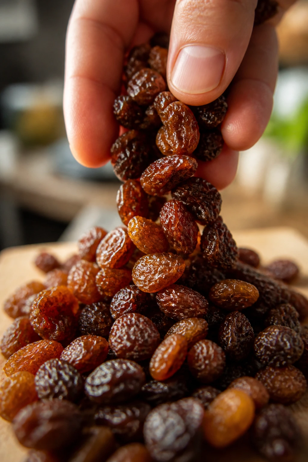 How To Eat Raisins For Glowing Skin 3 Raisins spilling from fingers against a warm kitchen background