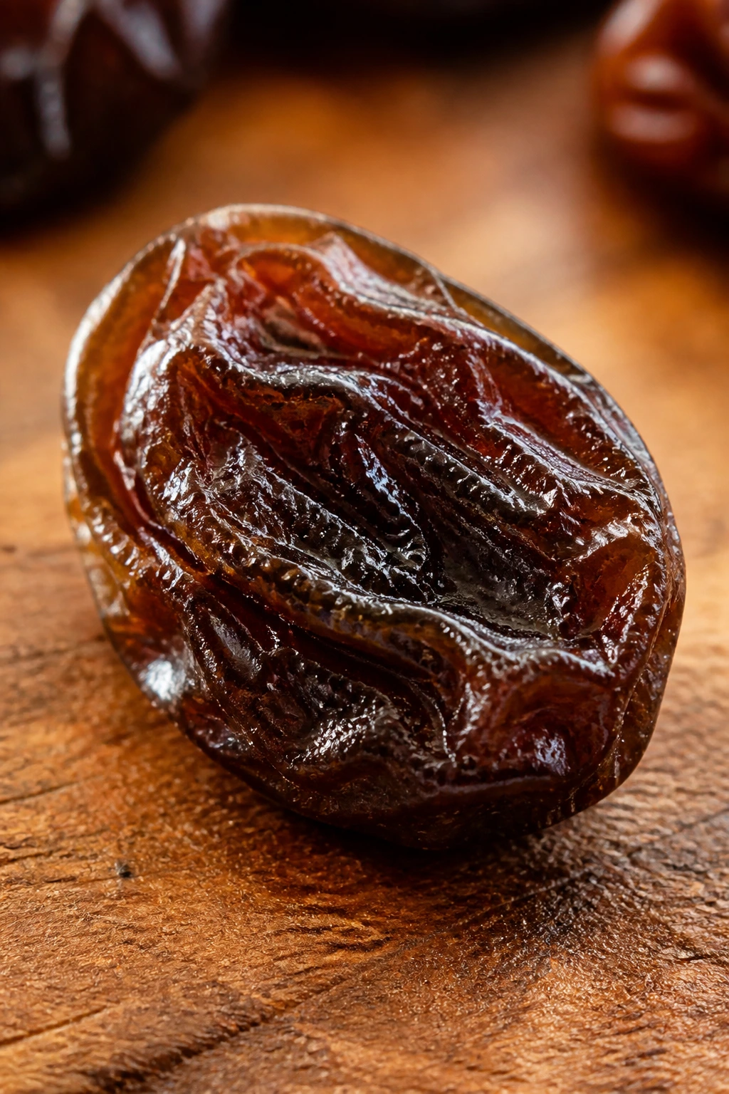 How To Eat Raisins For Glowing Skin 1 Close-up of a glossy raisin filling the frame on a wooden surface