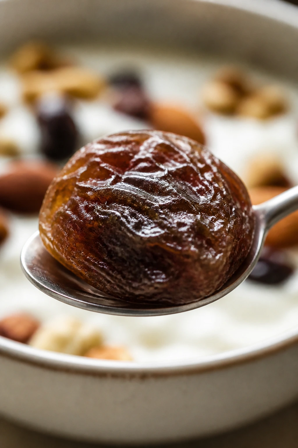 Can Raisins Cause Diarrhea? Are They Good Or Bad? 4 Raisin on spoon with blurred yogurt background suggesting smart pairing