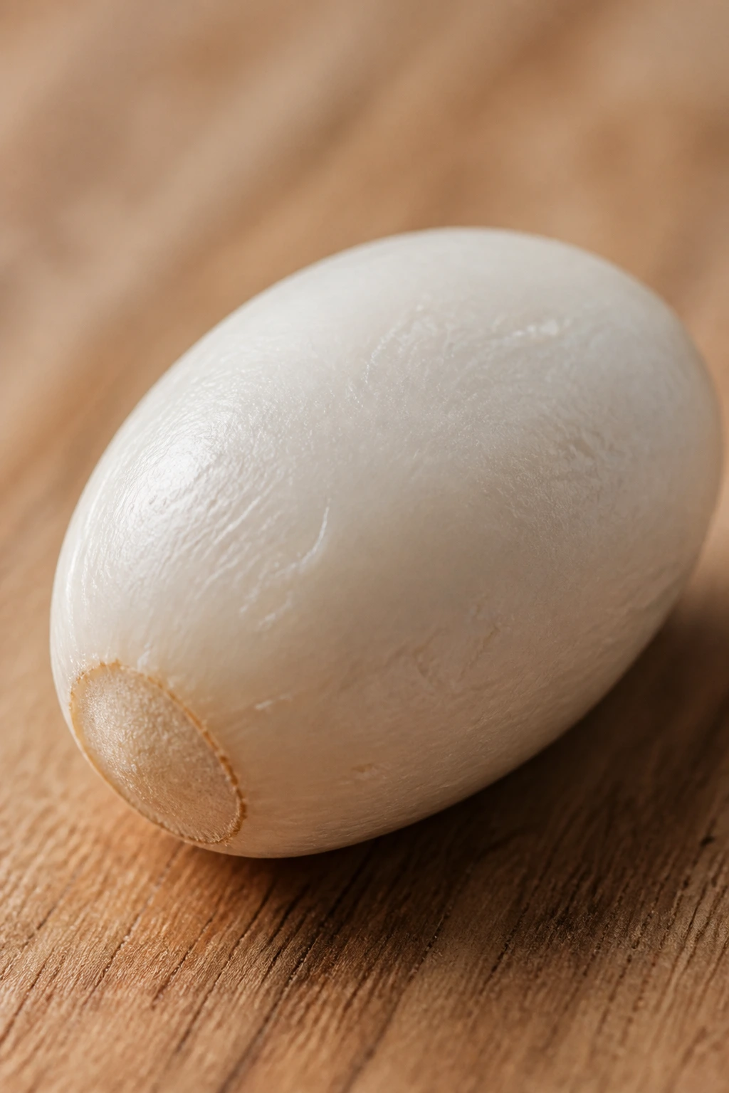 Close-up of a rambutan seed with smooth white shell on wooden counter