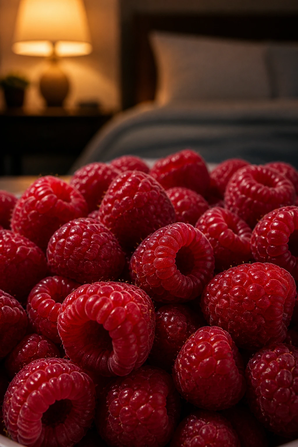 Are Raspberries Good To Eat Before Bed? 4 Close-up of raspberries in a softly lit bedroom setting