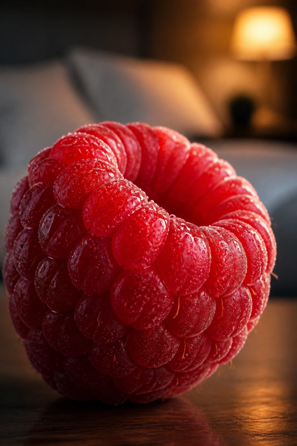 Are Raspberries Good To Eat Before Bed? 2 Close-up of a single raspberry on a dimly lit nightstand