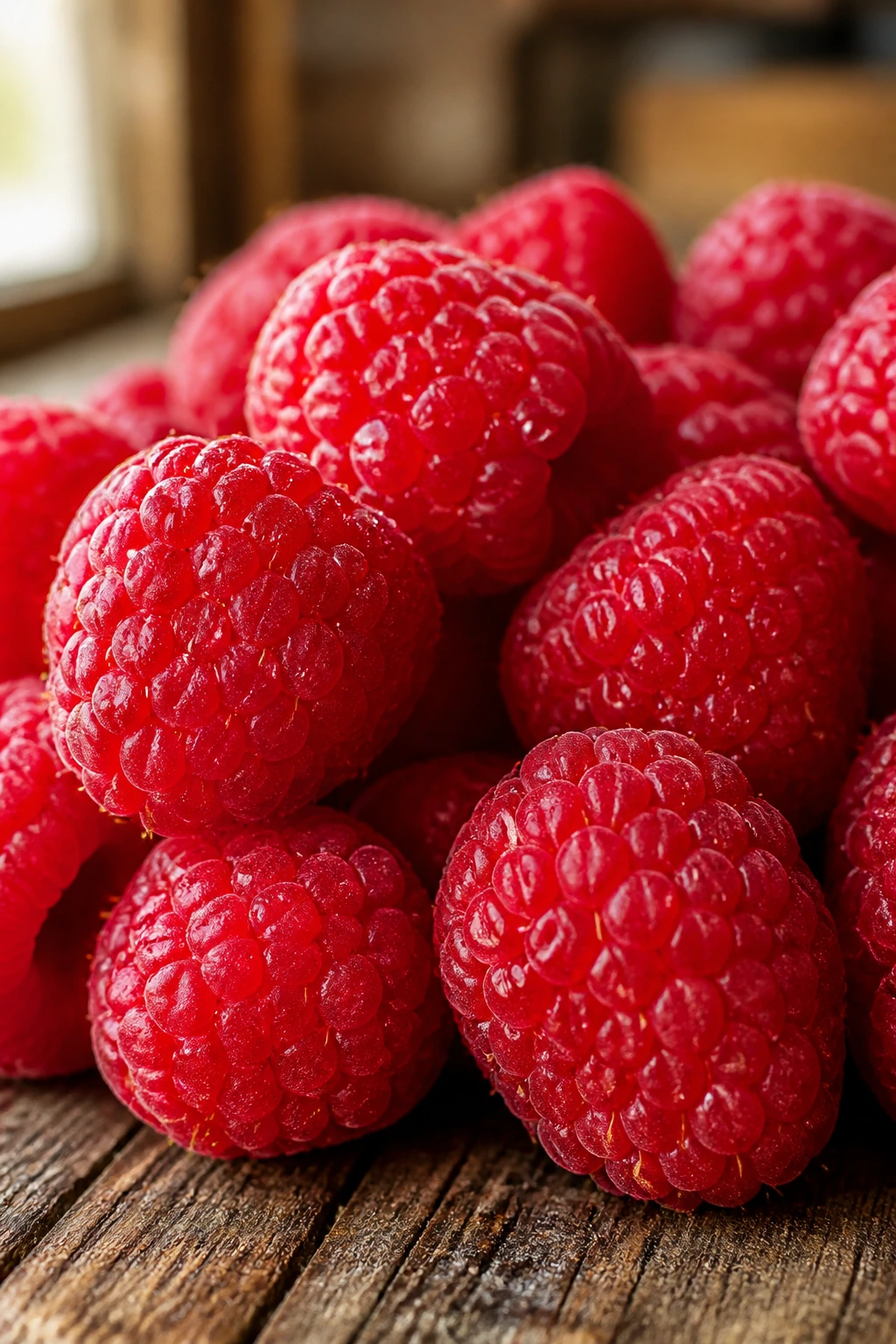 Close-up of vibrant red raspberries on a rustic wooden surface with dew-like droplets