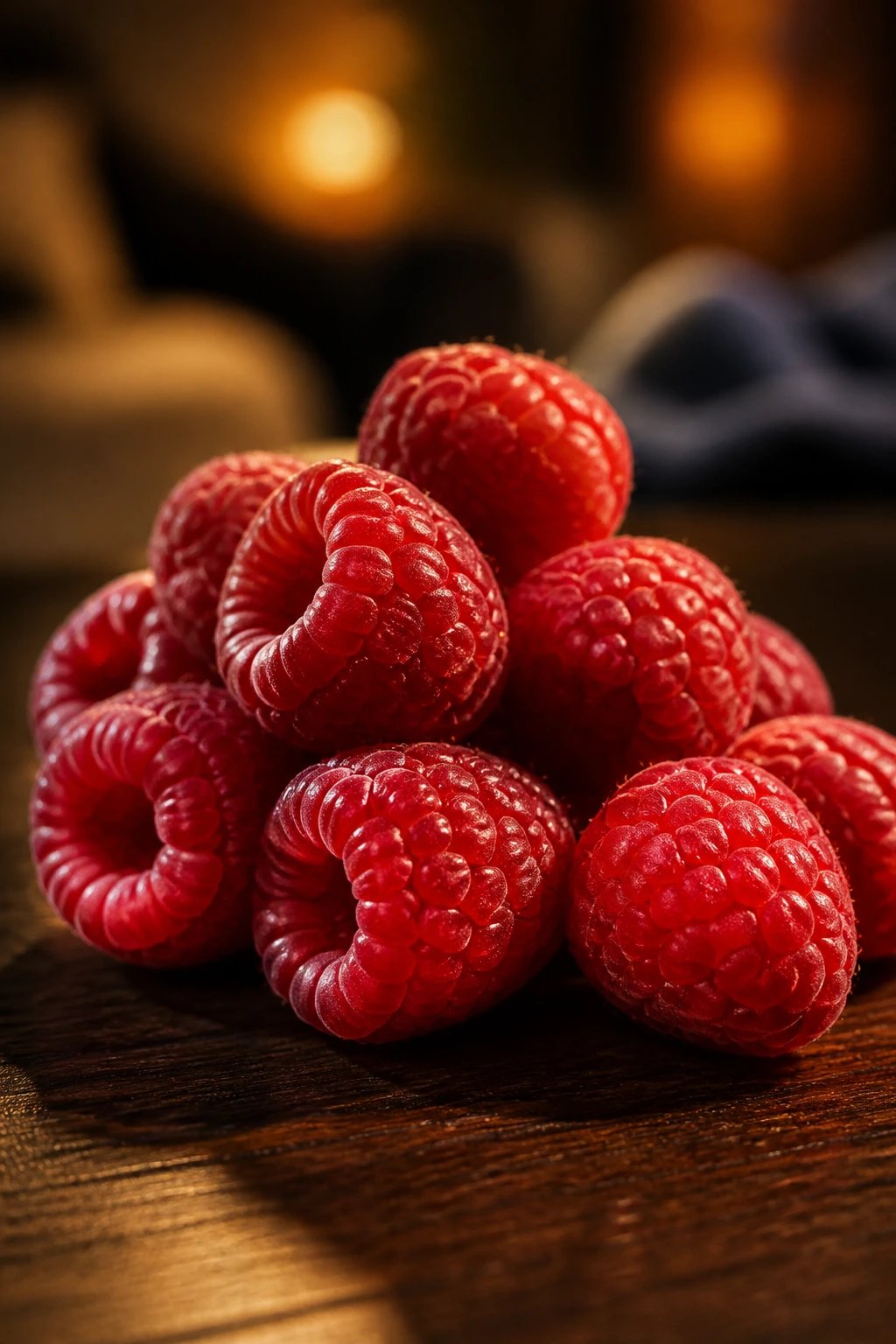 Are Raspberries Good To Eat Before Bed? 5 Close-up of raspberries on a dark wooden table in evening light