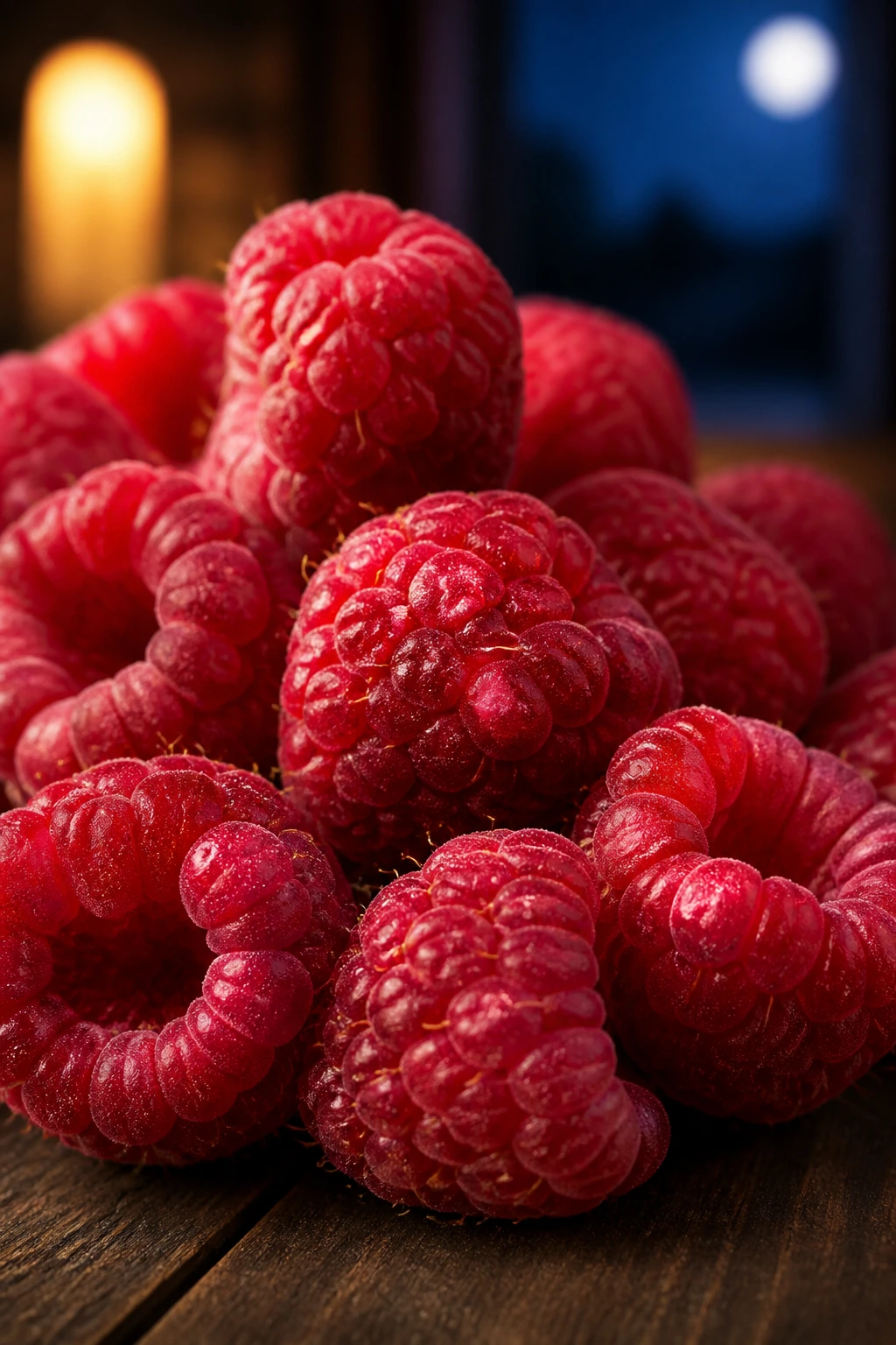 Are Raspberries Good To Eat Before Bed? 3 Close-up of raspberries on dark wood with soft evening light
