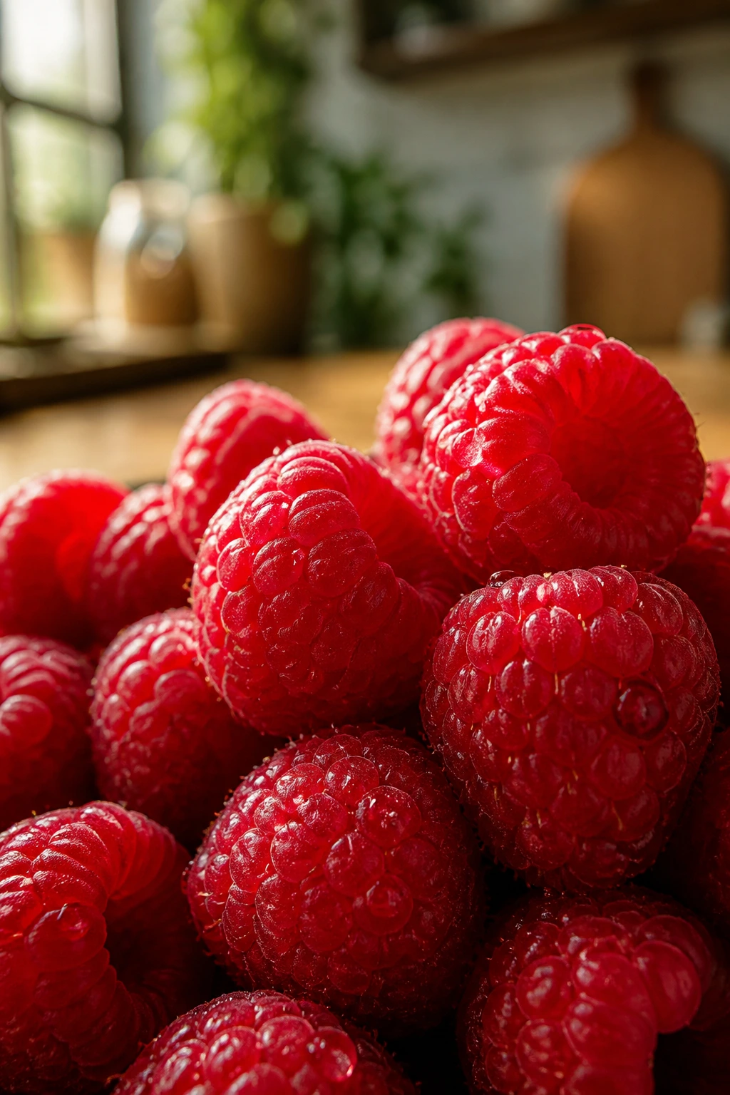 Are Raspberries Good To Eat Before Bed? 1 Close-up of fresh red raspberries with dew on a wooden kitchen counter