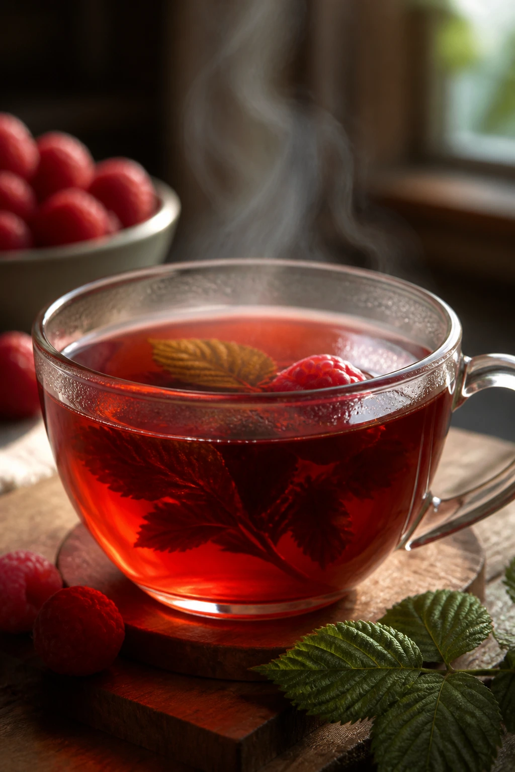 Close-up of a steaming cup of raspberry tea in a cozy kitchen