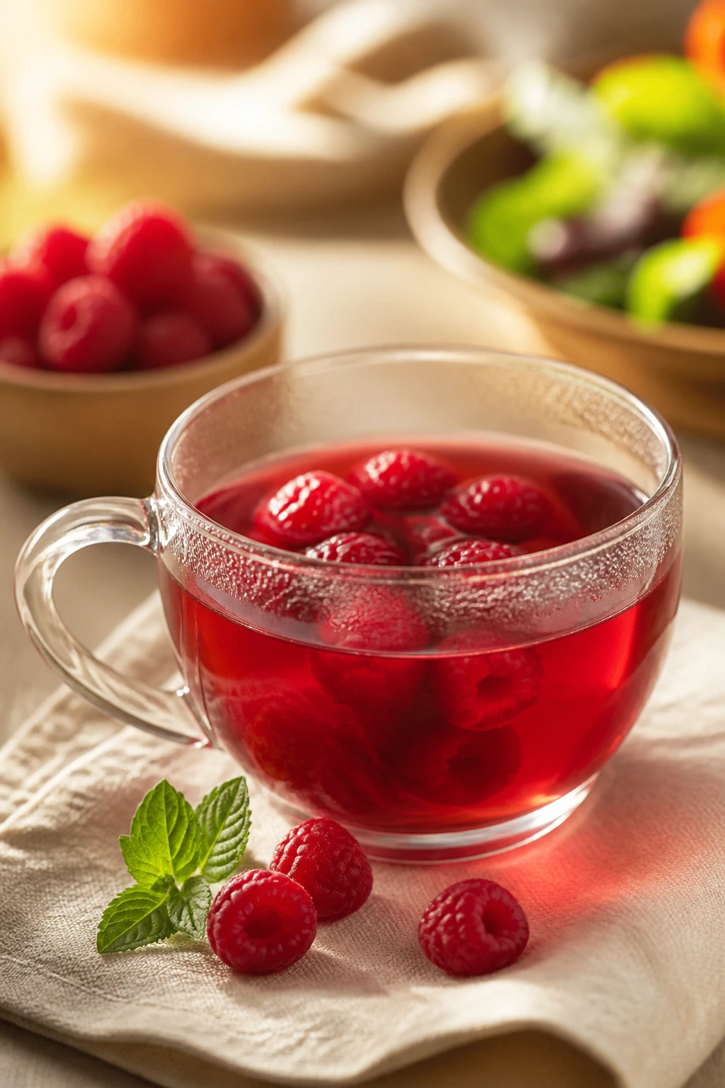 Cup of raspberry tea on a breakfast table with soft background blur