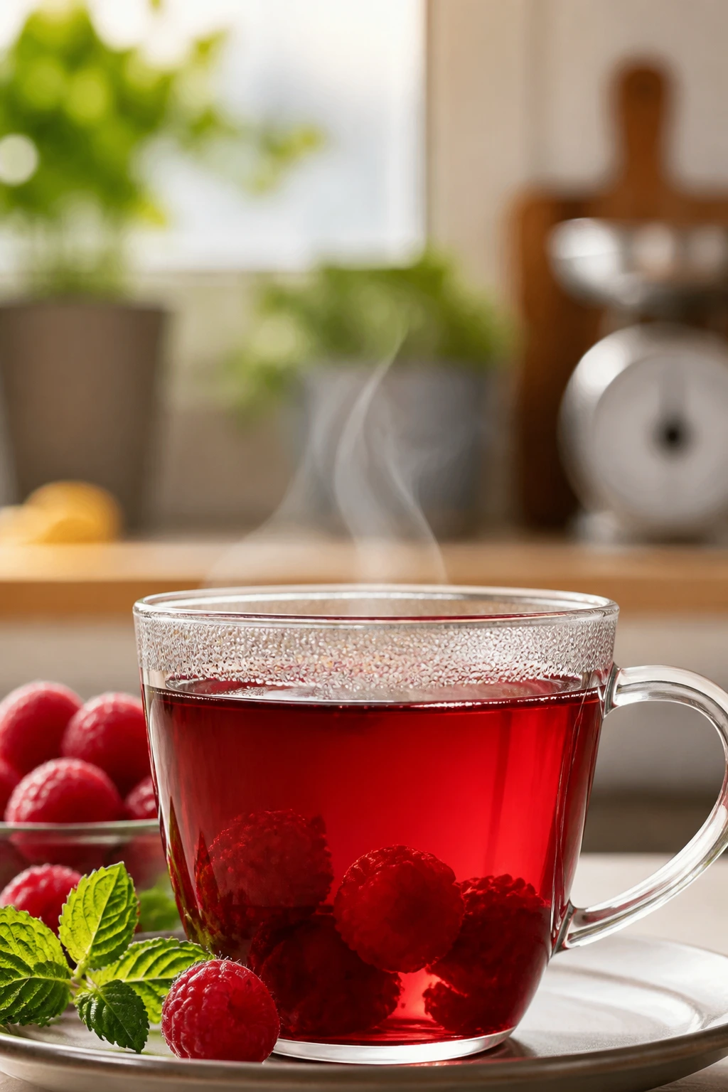 Cup of raspberry tea suggesting weight management in a home setting