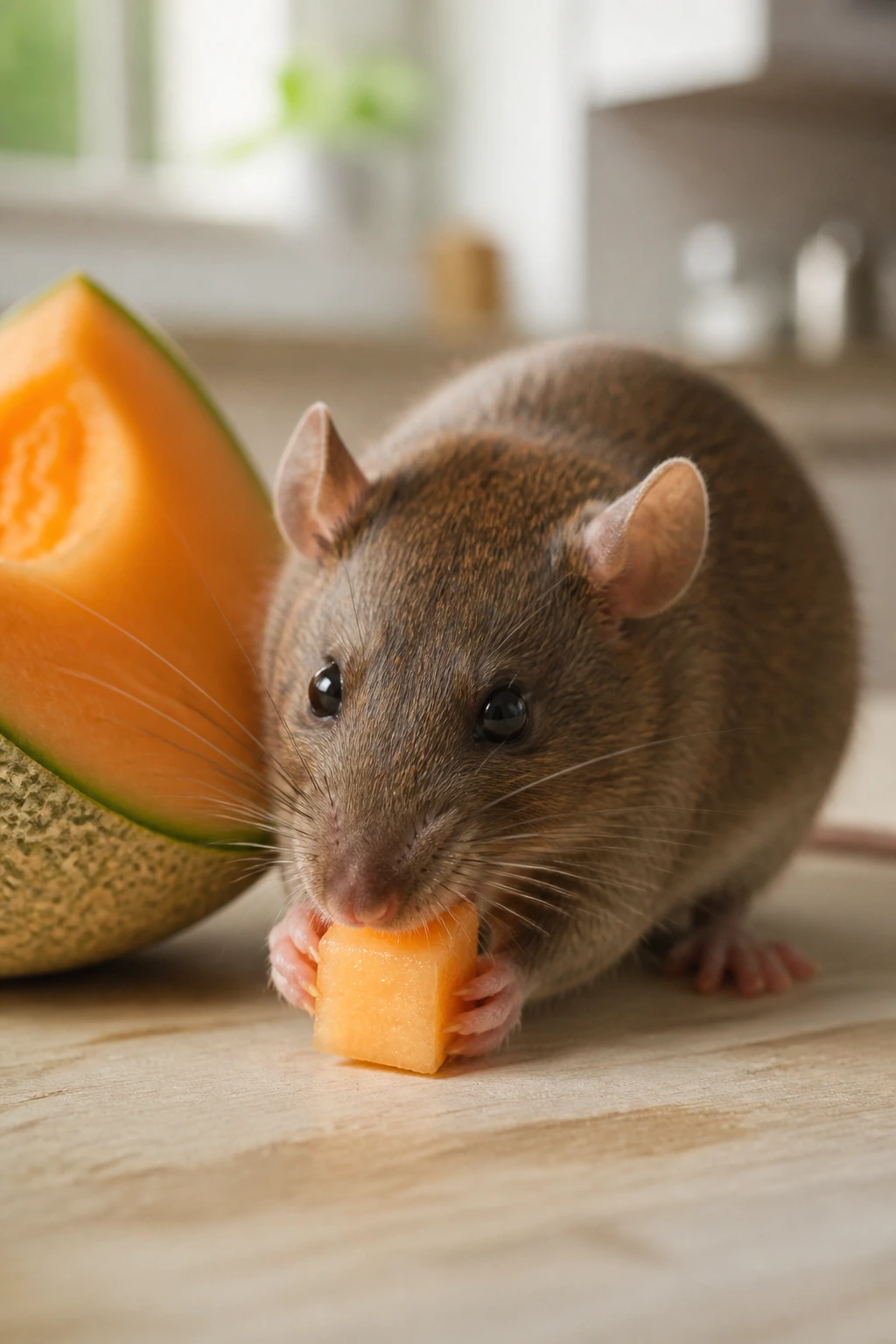Rat nibbling cantaloupe cube on wooden surface