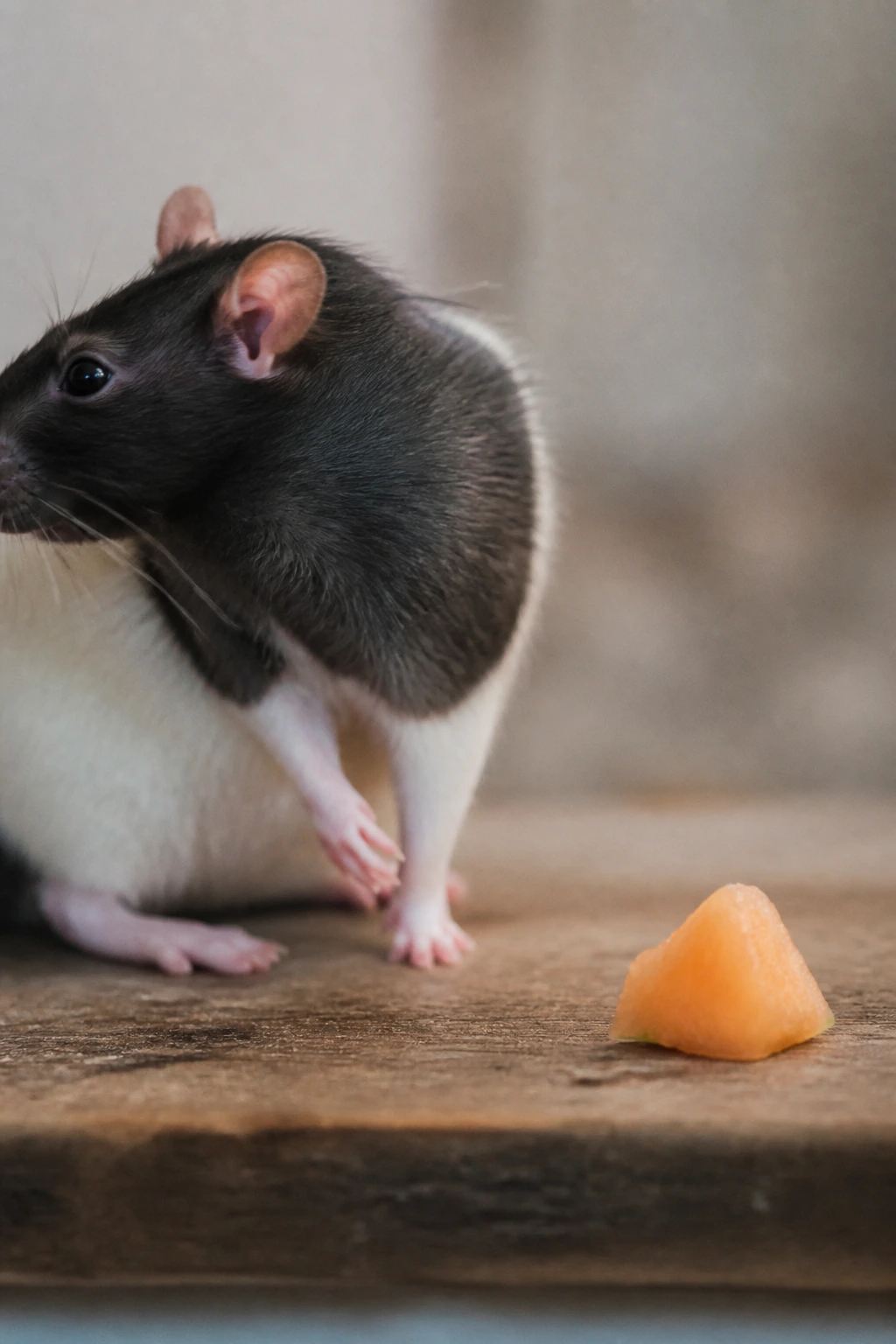 Rat turning away from cantaloupe piece