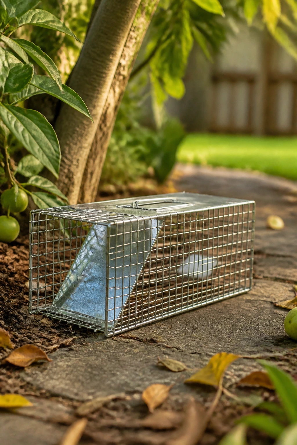 Small live-catch rat trap placed by a garden path.