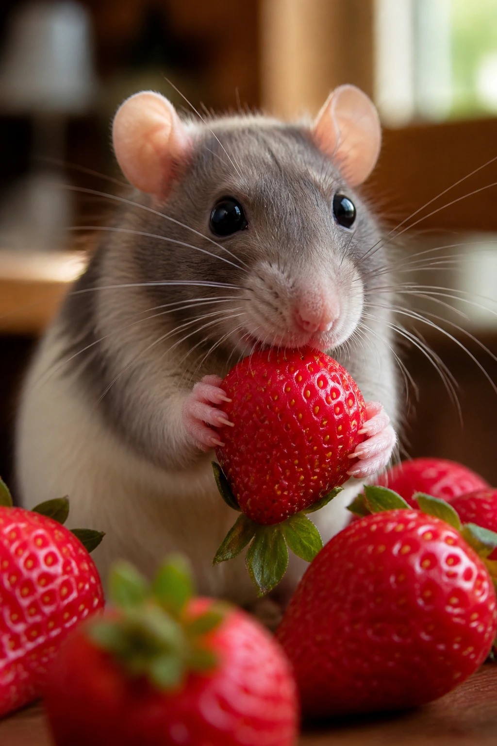 Close-up of a rat eating a strawberry in a cozy kitchen setting