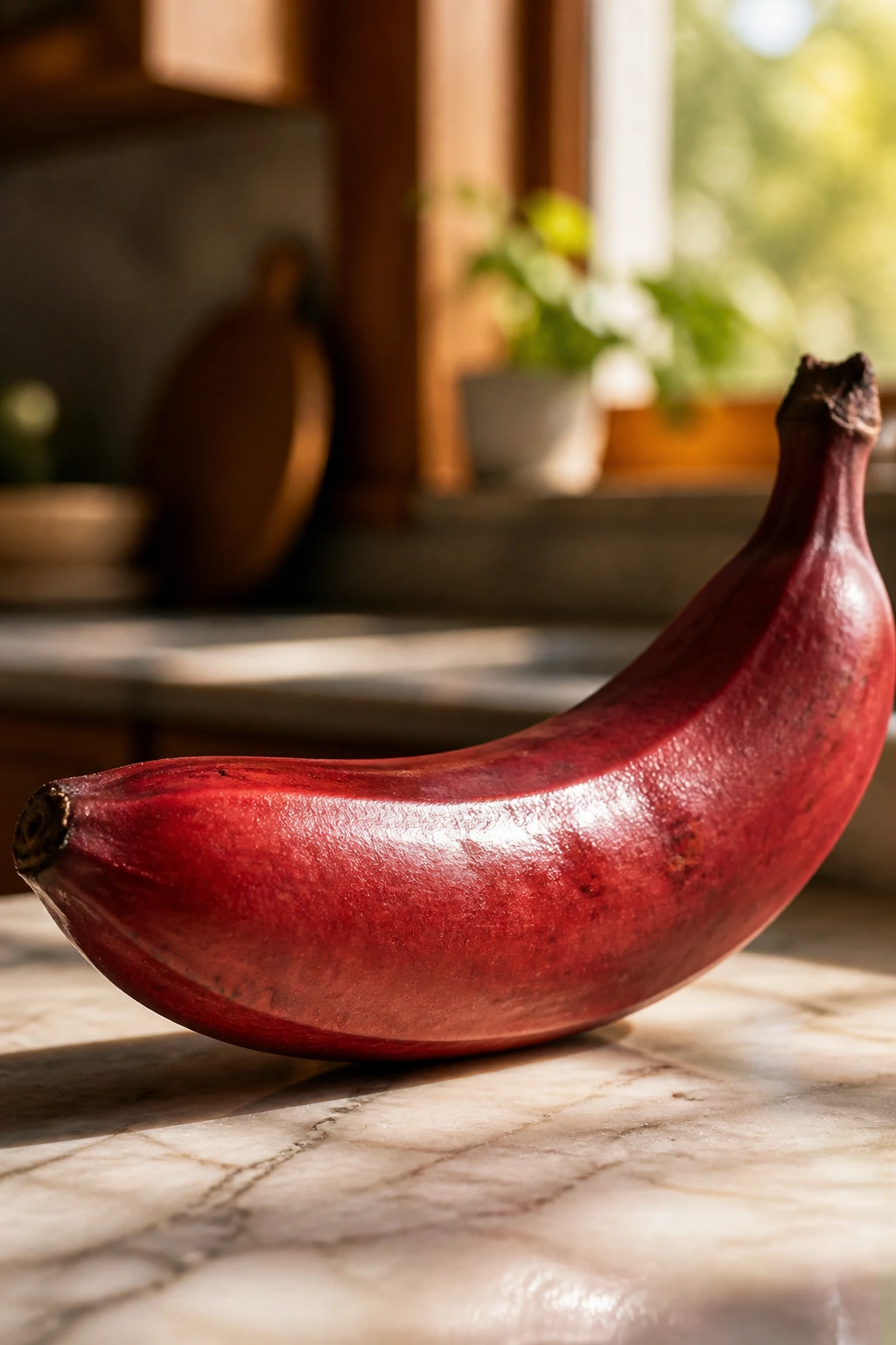 Close-up of a red banana with glossy skin on a kitchen counter