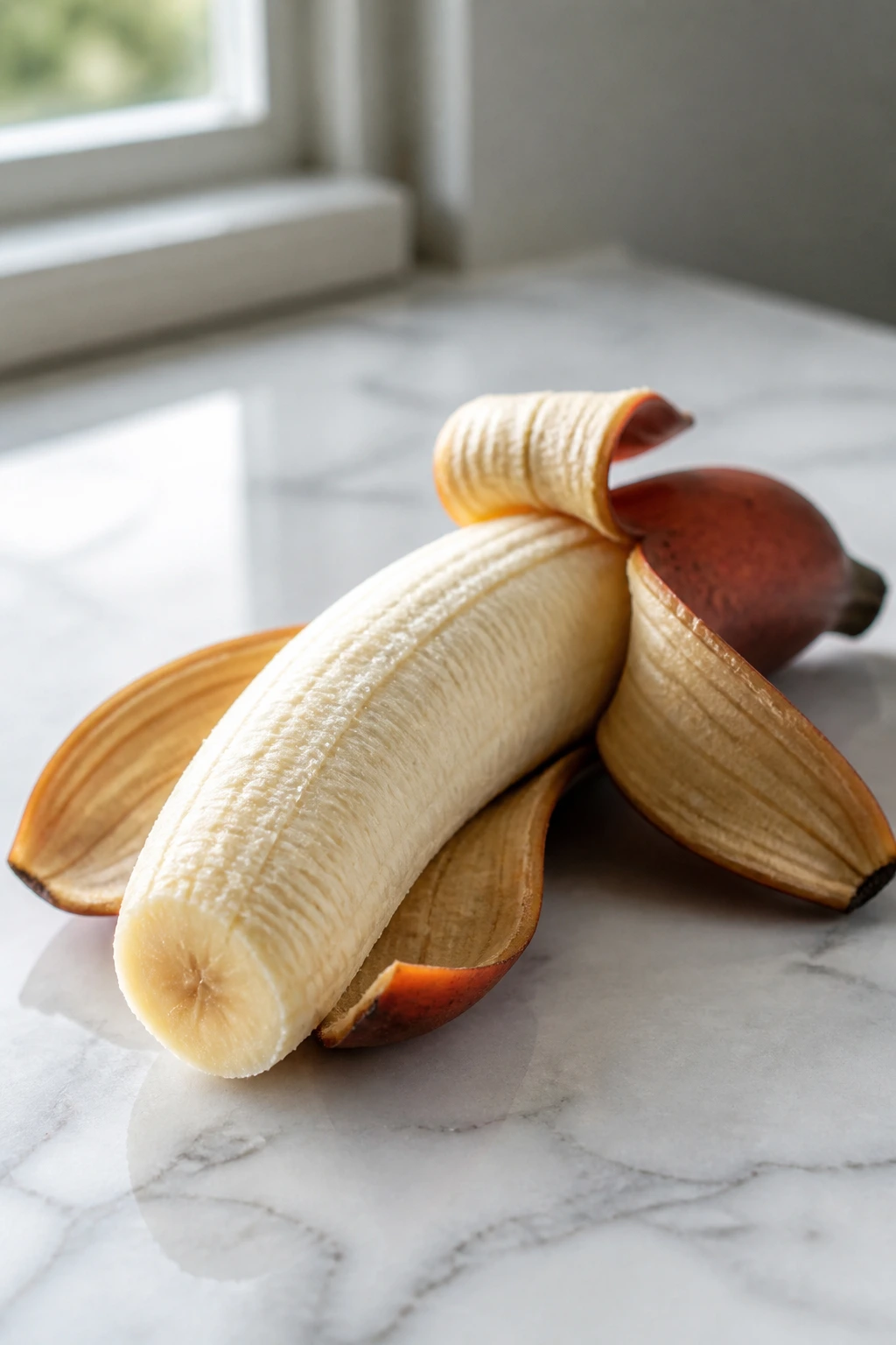 Peeled red banana on a clean kitchen counter.