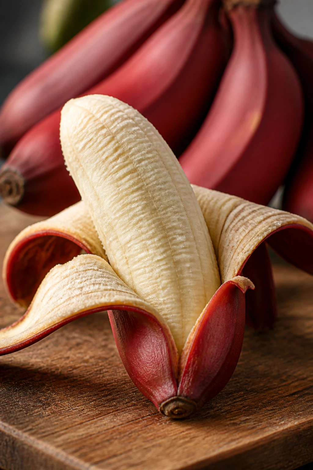 Close-up peeled red banana with pale flesh on wooden board