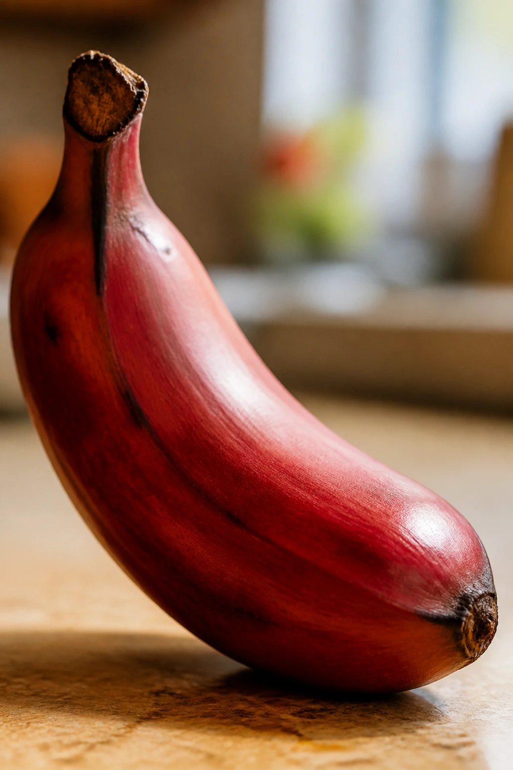 Close-up of red banana with glossy skin on kitchen counter