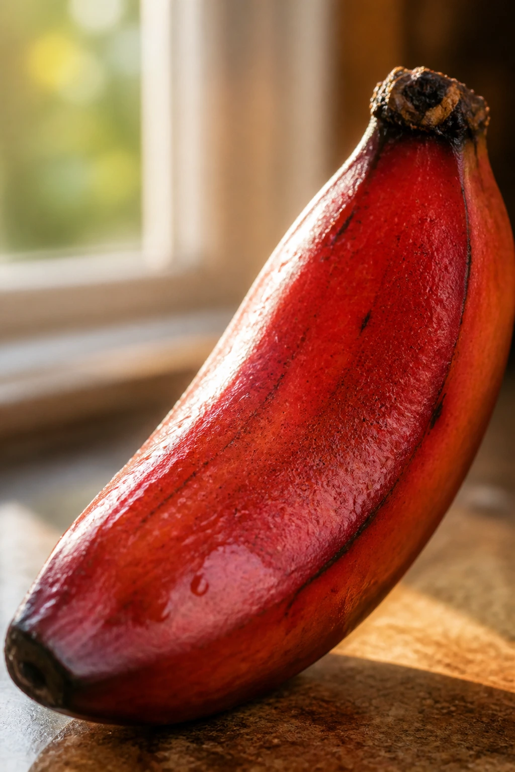 Close-up of red banana on kitchen counter with dew