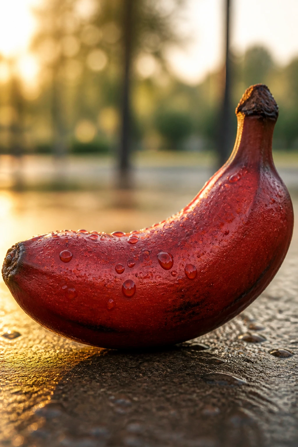 Close-up of a red banana on an outdoor surface after a workout.