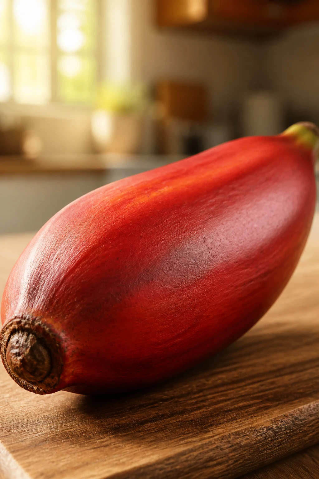 Close-up of a red banana on a warm kitchen counter, showing rich texture.