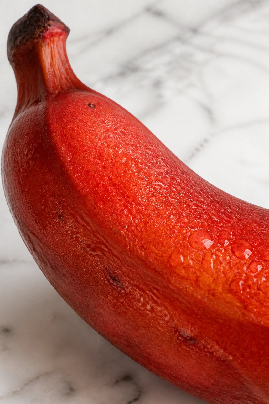 Close-up of a red banana showing vibrant skin on marble surface