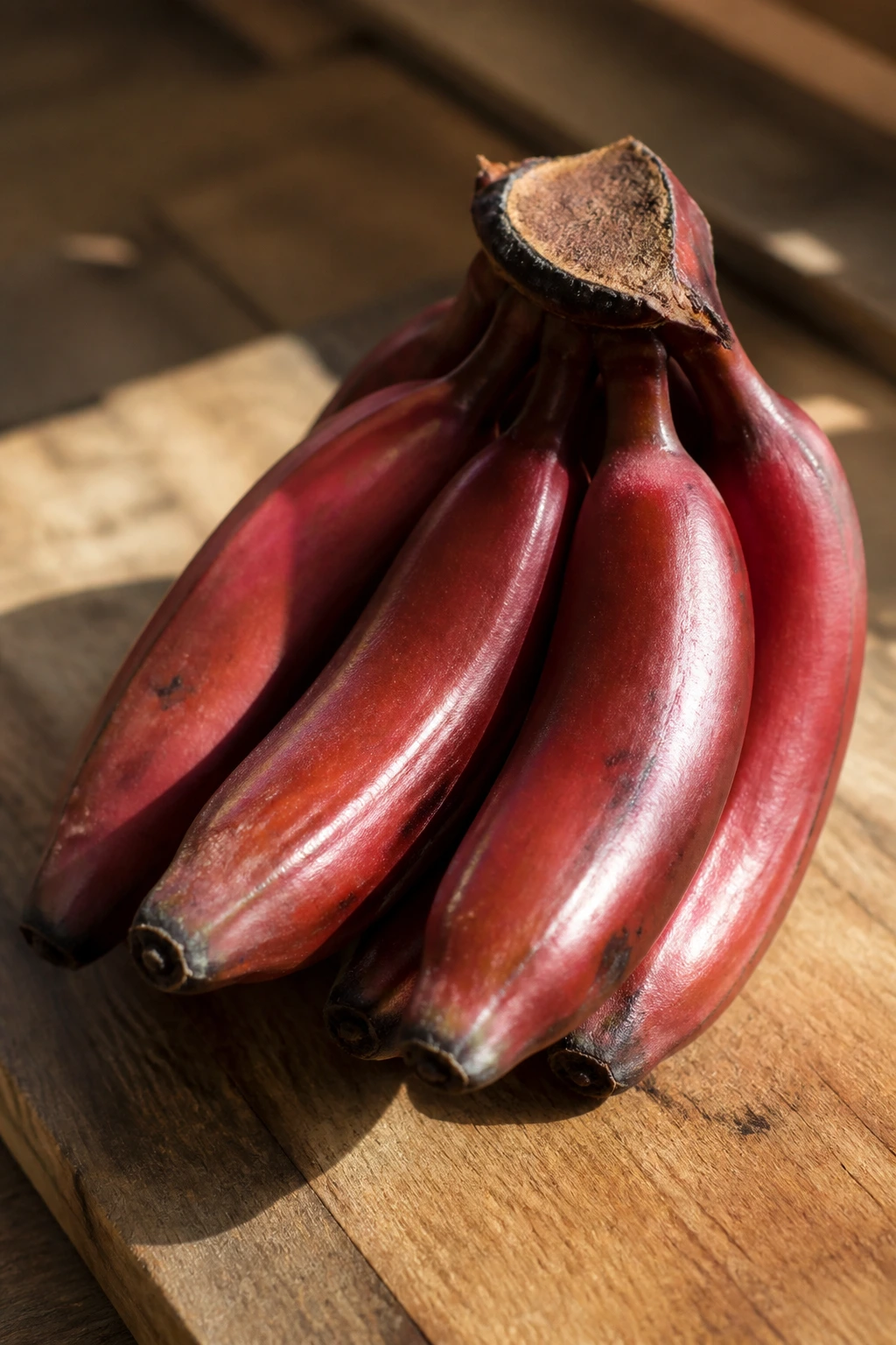 What Are Red Bananas? Description, Uses, Benefits, & More 4 Red bananas stacked on a wooden board in natural light