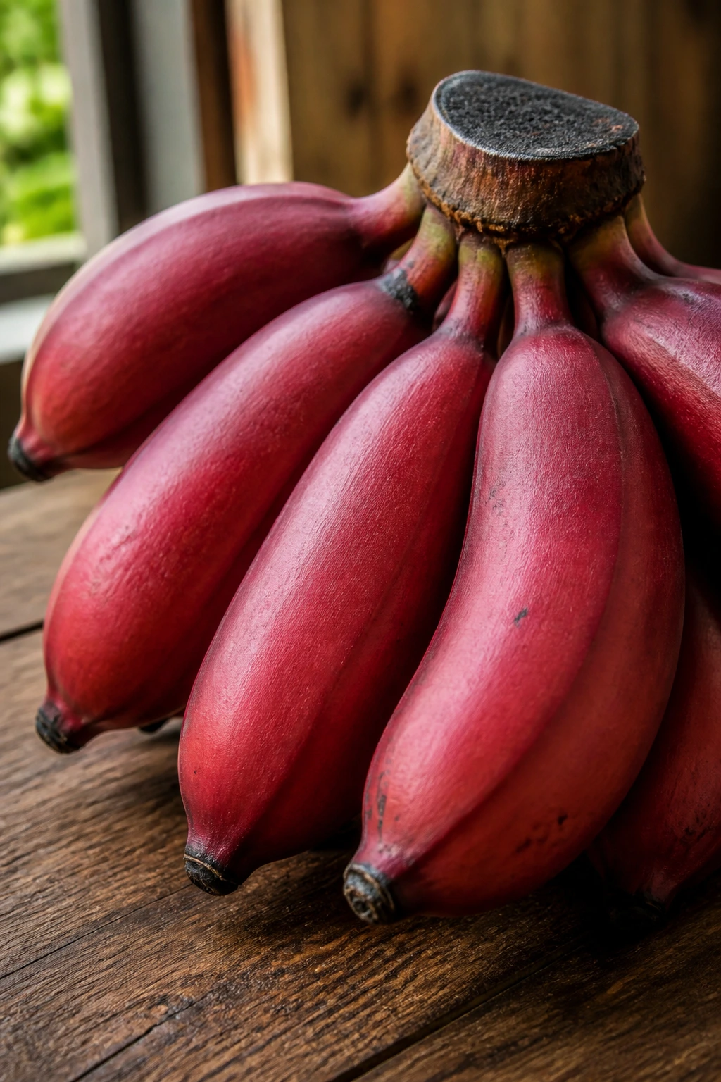 What Are Red Bananas? Description, Uses, Benefits, & More 3 Close up of red bananas with burgundy skin on a wooden surface