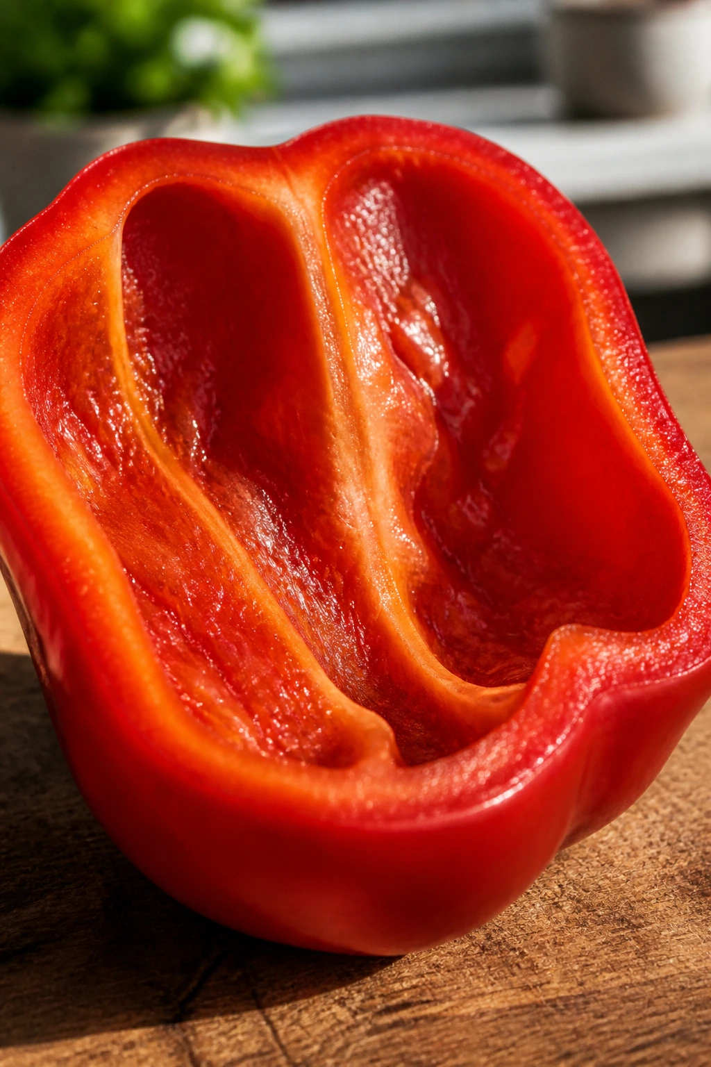 Close-up of a vibrant red bell pepper slice on a wooden board in a sunlit kitchen