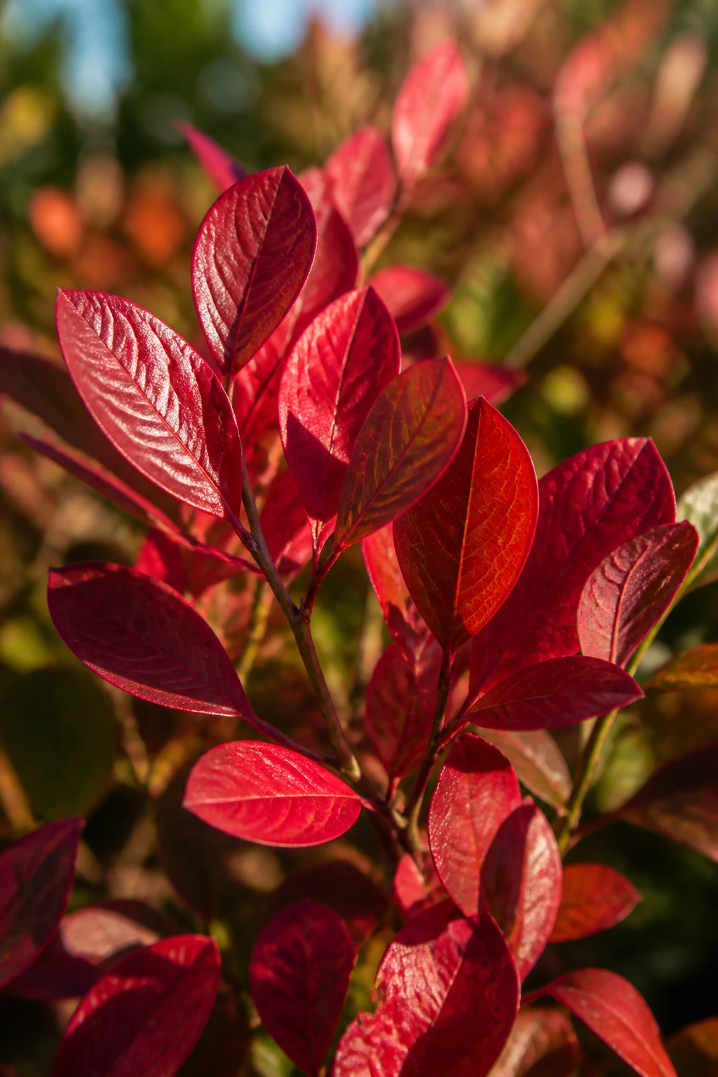 Close-up of red blueberry leaves showing seasonal change meaning.