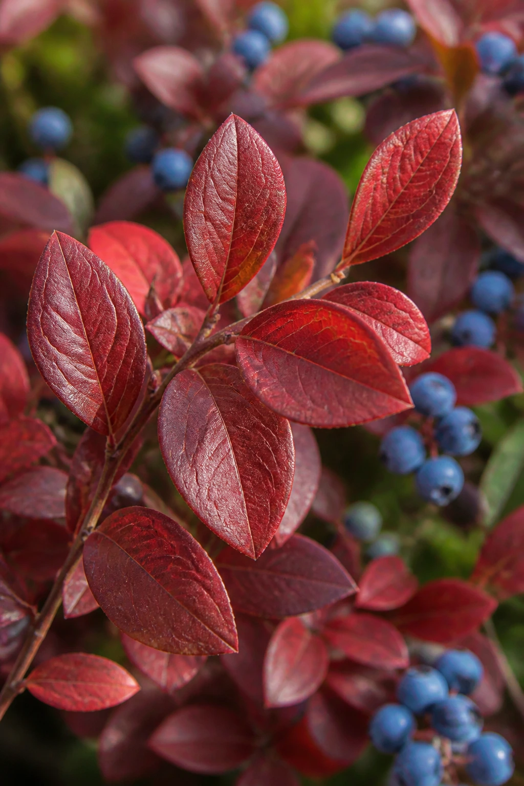 Close-up of red blueberry leaves on a bush signaling potential issues.