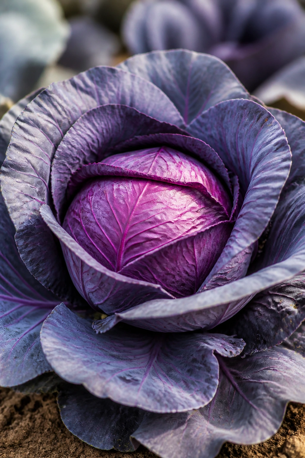 Close-up of a healthy red cabbage head in a garden bed