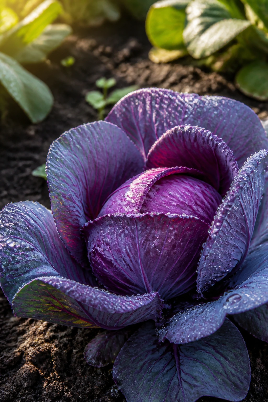 Close-up of a healthy red cabbage plant in soil under bright garden sunlight