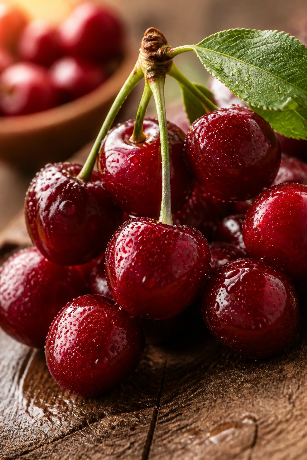 Cluster of ripe red cherries on a wooden surface