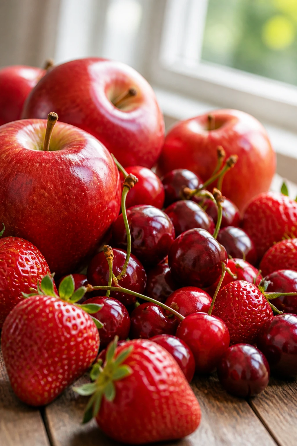 Close-up of red apples, cherries, and strawberries on wooden surface highlighting red hues
