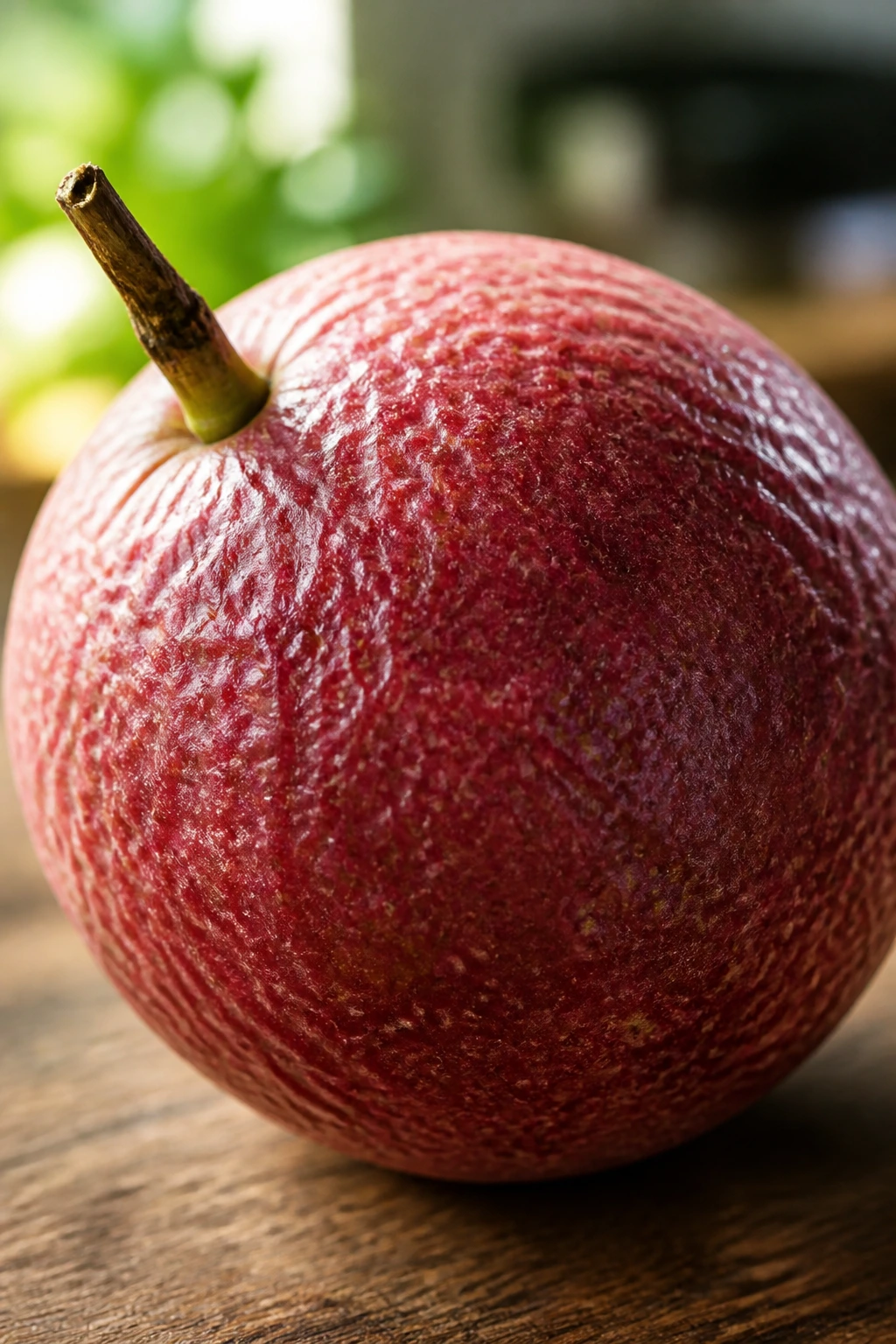 Red Passion Fruit: Description, Nutrition, Benefits, & More 2 Close-up of red passion fruit on wooden surface showing textured rind