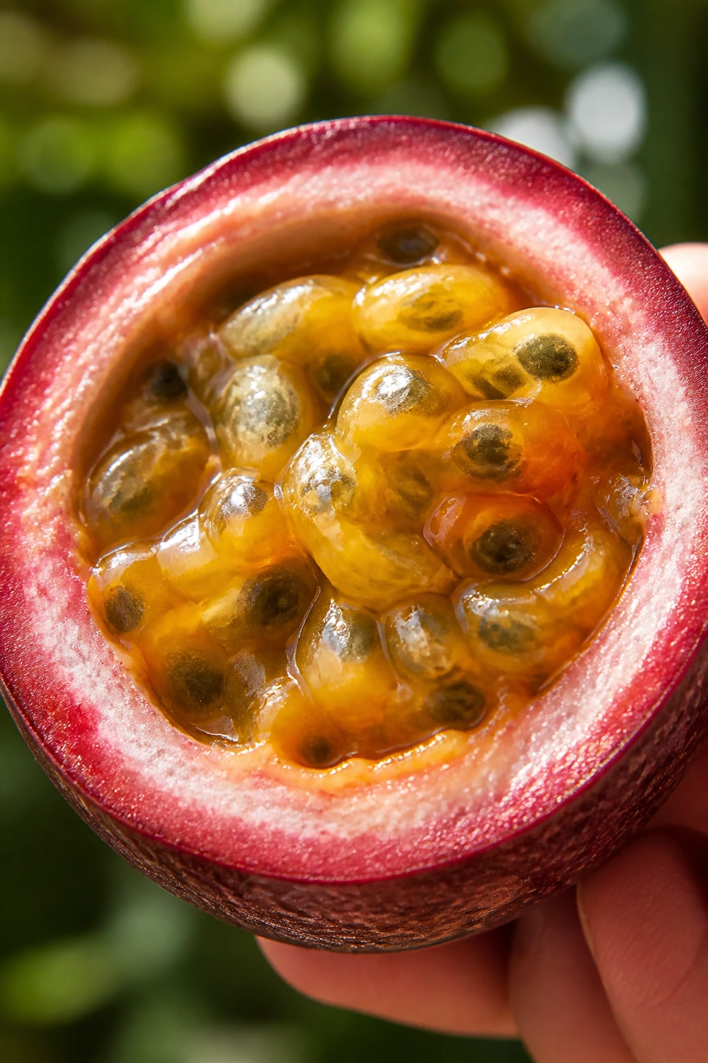 Red Passion Fruit: Description, Nutrition, Benefits, & More 1 Close-up of halved red passion fruit showing bright pulp and seeds