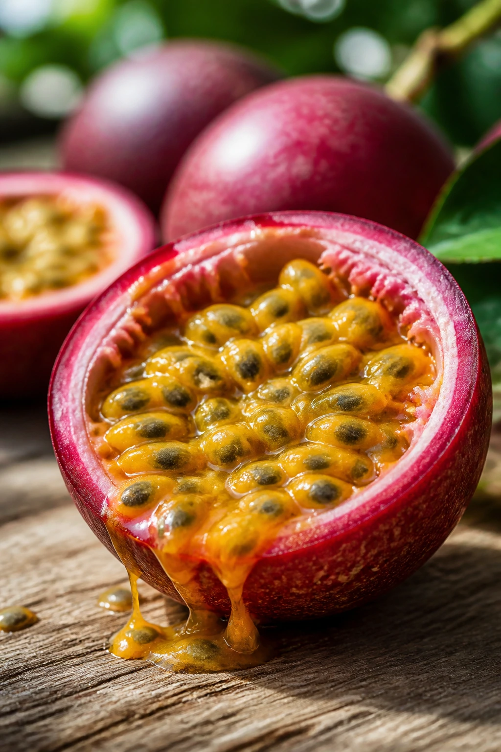 Red Passion Fruit: Description, Nutrition, Benefits, & More 3 Halved red passion fruit with vivid pulp and seeds in close-up