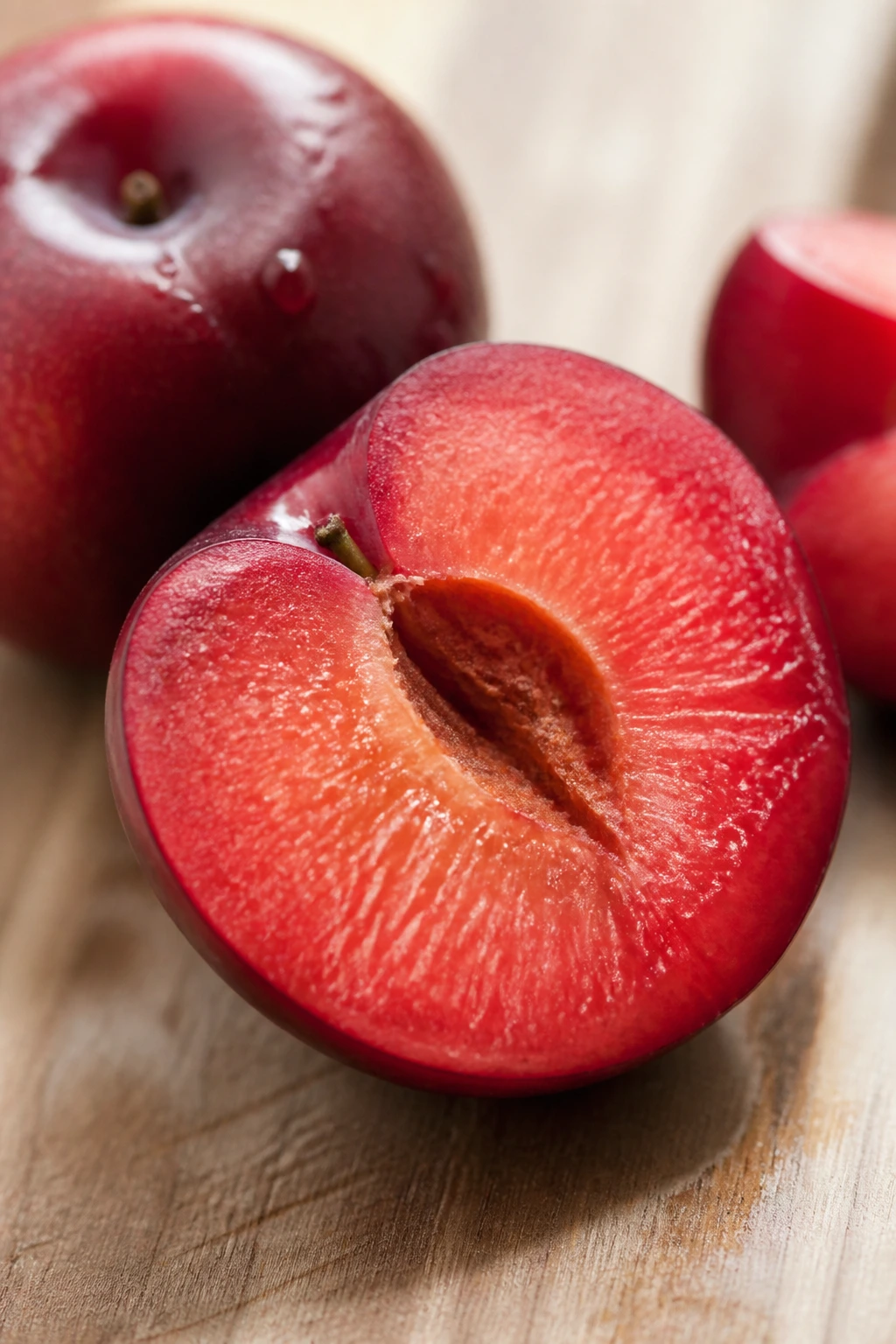 Black Plum Vs Red Plum: What Is Really The Difference? 2 Cross-section of a red plum showing juicy flesh on wood.