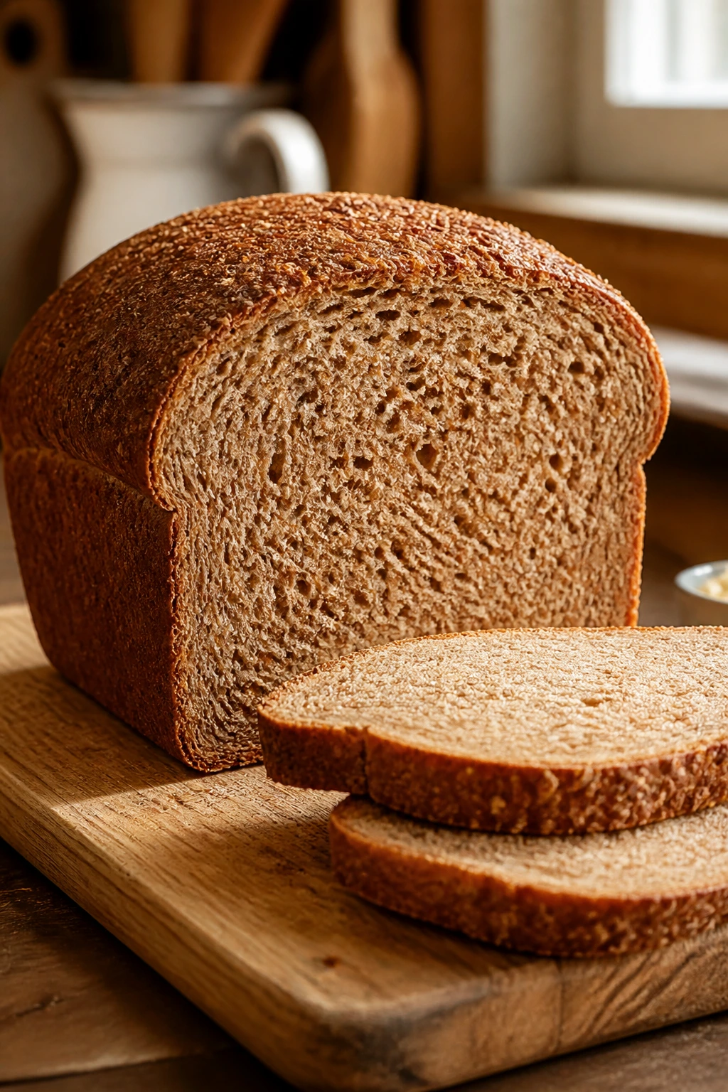 Red Wheat vs White Wheat: Understanding the Differences 6 Close-up of a loaf of whole wheat bread on a wooden board