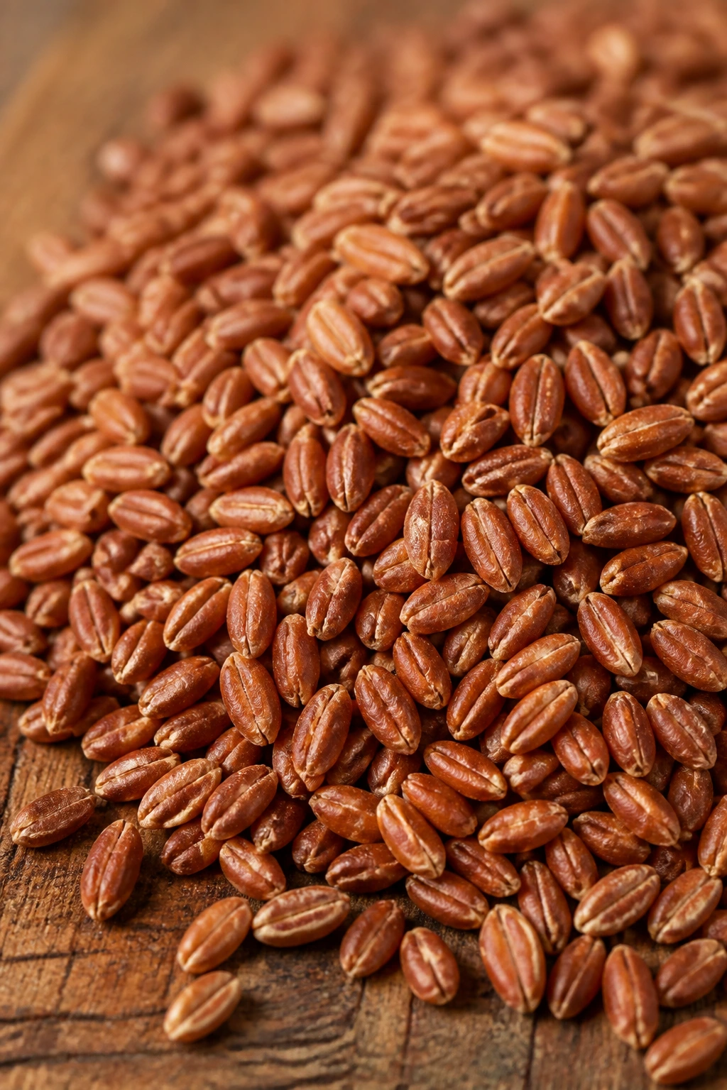 Red Wheat vs White Wheat: Understanding the Differences 1 Close-up of red wheat grains on a rustic wooden surface under warm light