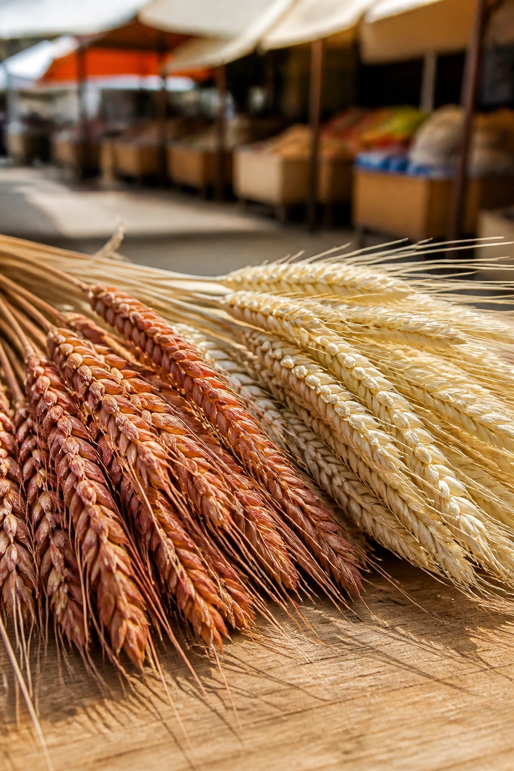 Red Wheat vs White Wheat: Understanding the Differences 9 Red and white wheat heads on wood with market backdrop
